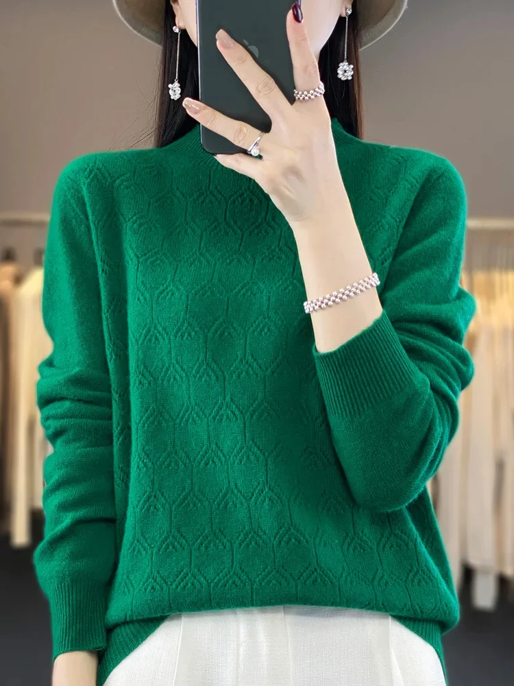 

Merino Wool Sweater for Women, Mock Neck, Hollow Long Sleeve, Cashmere Knitwear, Female Clothing, New Fashion, Autumn, 100% Wool