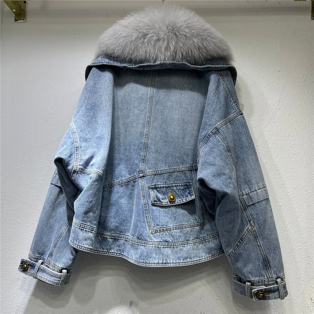 Winter Real Fox Fur Collar Detachable Denim Fur Coat Women Thickened Liner Fashion Short Warm Cotton Coat Female Parkas Y4475