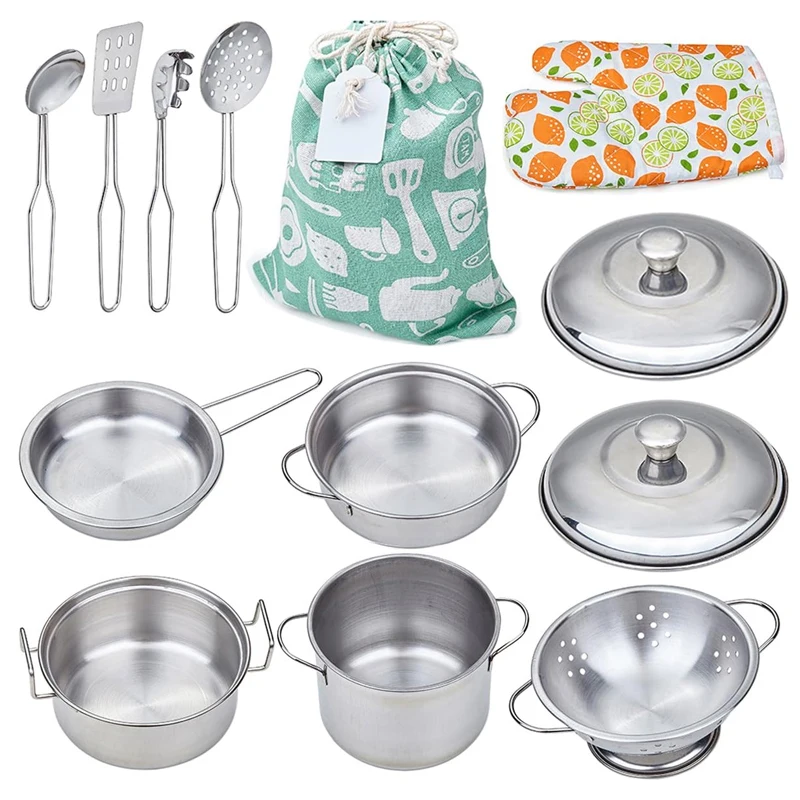 Kitchen Pretend Play Accessories Toys with Stainless Steel Cookware Pots and Pans Set,Cooking Utensils, Gifts Learning Tool view 6