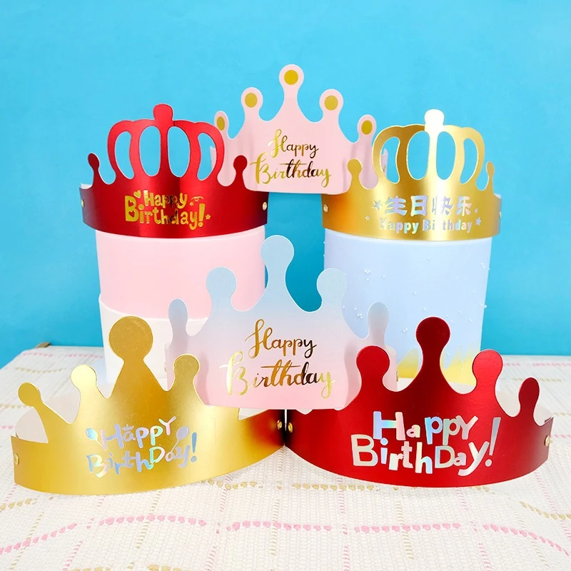 Sombrero plegable de feliz cumpleaños para niños y adultos, sombrero rojo de lámina dorada, corona de primer cumpleaños, fiesta de cumpleaños
