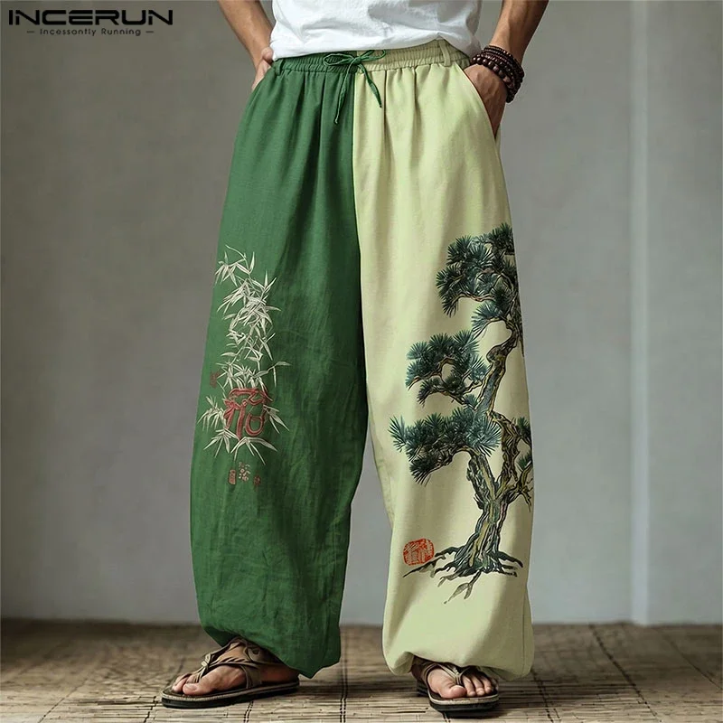 INCERUN Men's Pants Vintage Printing Patchwork Color-block Casual Wide Leg Trousers For Man Retro Loose Joggers 2026 Long Pants