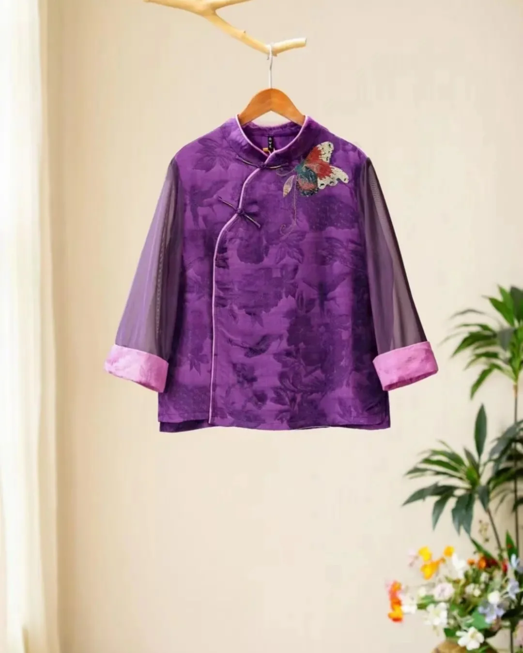 Chinese style jacquard top Summer Natural Silk hemp stand collar embroidery blouses Fashion purple vintage Women's clothes