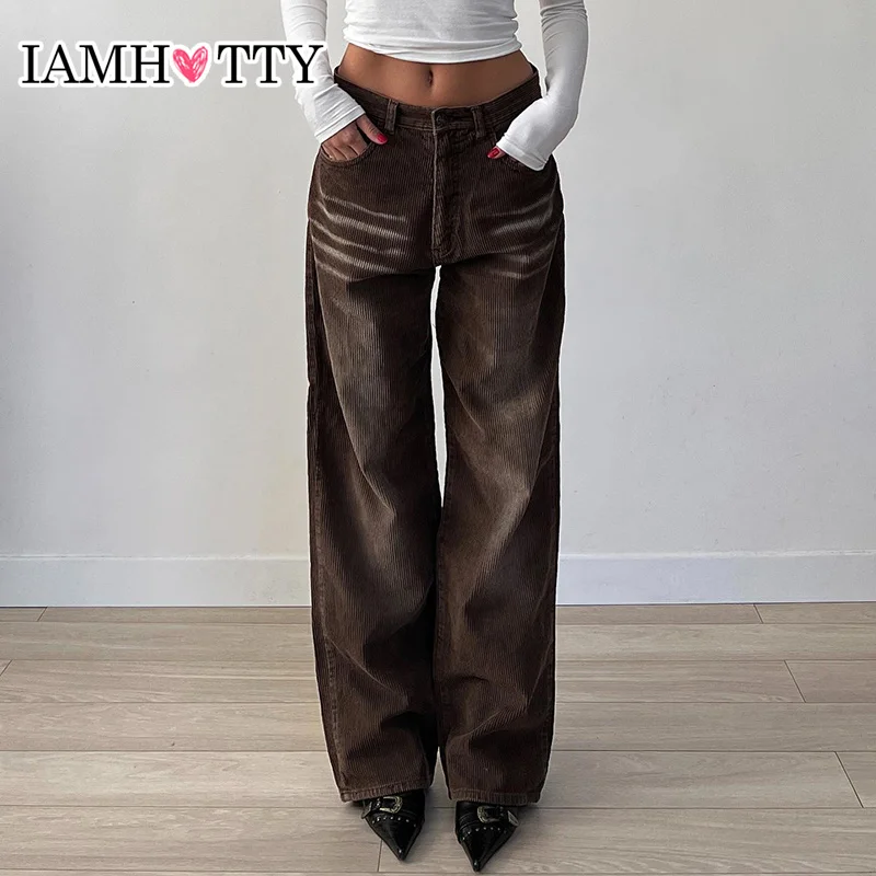 

IAMHOTTY Washed Color Wide Leg Corduroy Pants Women Mid Waist Baggy Trousers Vintage Streetwear Casual Basic Outfits Bottoms y2k