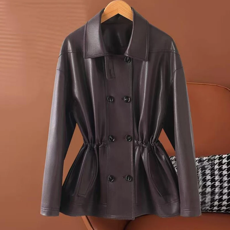Casual Short Leather Jacket Coat for Women 2026 Fall Winter Double Breasted Elastic Waist Female Slim Split Sheepskin Jacket