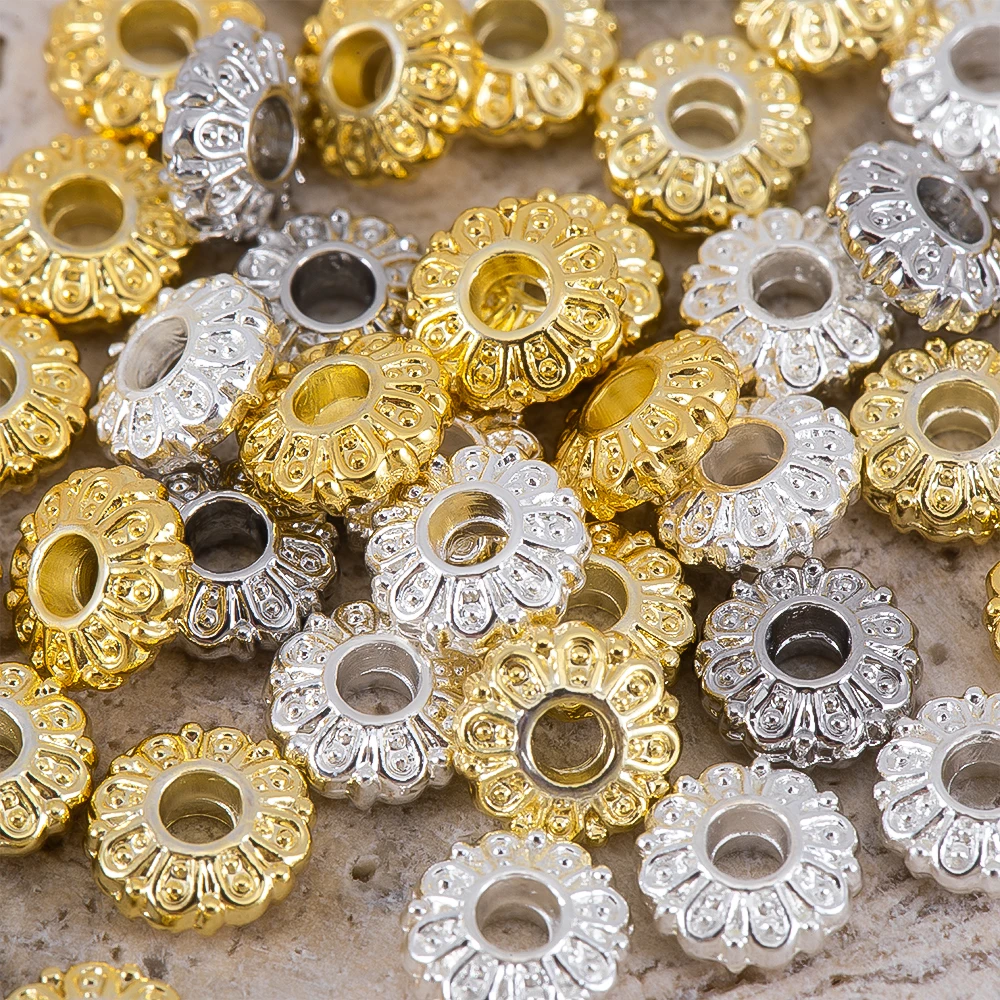 10Pcs 2*6mm Silver Color Plated Copper Alloy Flat Spacer Beads Daisy Pattern for DIY Bracelet Necklace Jewelry Making Accessorie