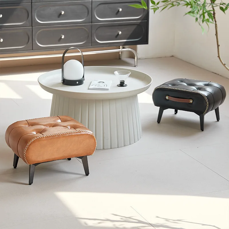 مقعد جلدي مربع، مقعد غرفة المعيشة، مسند قدم الأريكة، ديكور المنزل، أمريكي فاخر خفيف، إيطالي، ديكور منزلي #2