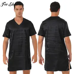 Men Silky Soft Nightgown Women Satin Nightdress Pajama Short Sleeve Bathrobe Sleepwear Loungewear Sides Split Nightwear Homewear