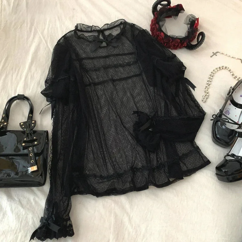 

Japanese Style Women Vintage Victorian Gothic Lolita Shirts Elegant Rose Bow Lace Blouses Girls Long Sleeved Chiffon Mesh Tops