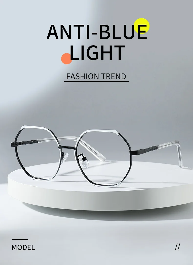 JMISUS High-Quality Metal Geometric Reading Glasses Woman Blue Light Blocking Photochromic Grey Polygon Prescription Eyewear