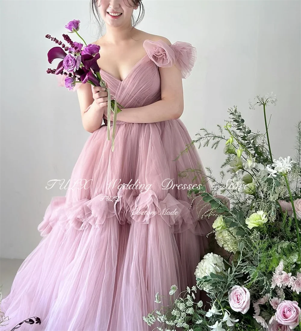 Sukienka wieczorowa TULX Fairy z dekoltem w serek, tiulowa, koreańska sukienka do sesji zdjęciowej ślubnej, sukienka imprezowa z odkrytymi ramionami, linia A, długa, gorsetowa, szyta na miarę.