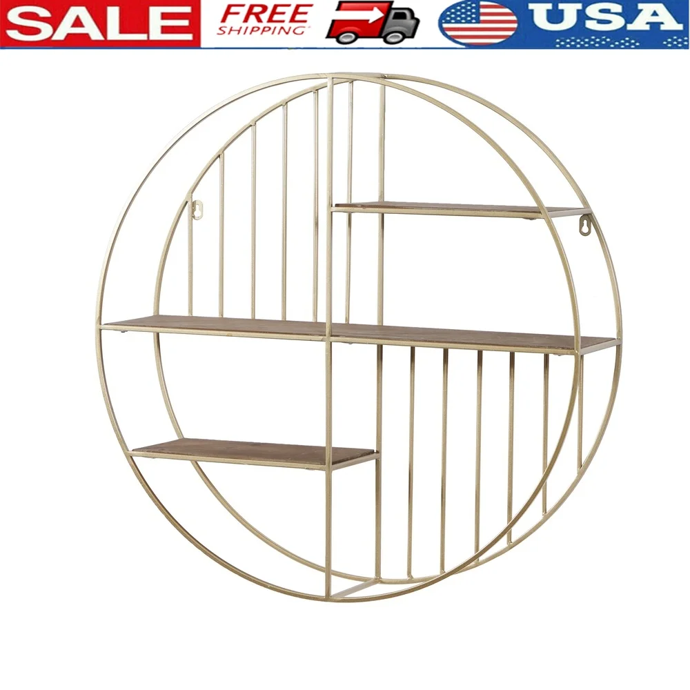 

Gold Modern Iron Round Wall Shelf Geometric Design 3 Tier Floating Shelf Indoor Use Natural Brown Finish 28 Inch