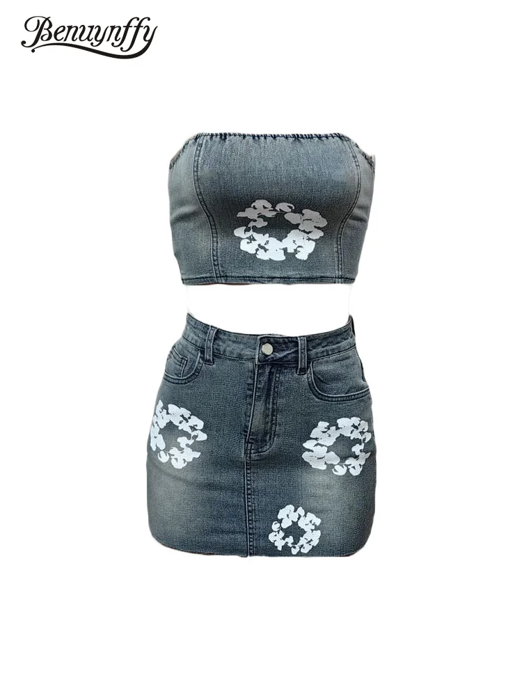 

Benuynffy Floral Print Zipper Denim Crop Tube Top Women Summer Two Piece Set Club Party Streetwear Raw Hem Denim Mini Skirts