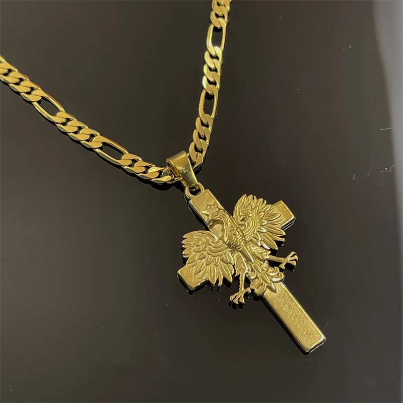 Eastern Europe Poland White Eagle Cross Pendant Gold Plated Stainless Steel National Sentiment Commemorative Gift Necklace