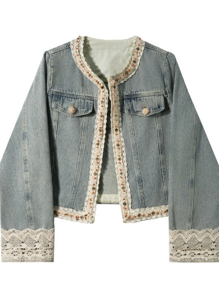 

High Quali Spring Autumn Women's round Ne Embellied Denim Jaet Lace Design Versatile ort Coat Straight Tube ape