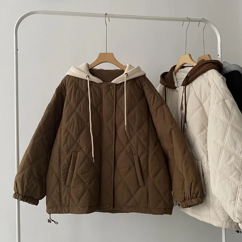 Fake Two Pieces Spell Back-to-back Hat Cotton-padded Clothes 2024 Autumn and Winter New Korean Fashion Niche Design Loose Coat