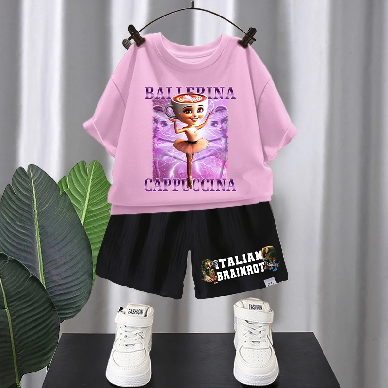 Set Celana Pendek Lengan Pendek Brainrot Italia 2 Buah Setelan Celana T-shirt Lucu Kartun Anak-anak Set Pakaian Fashion Musim Panas Anak Laki-laki Perempuan