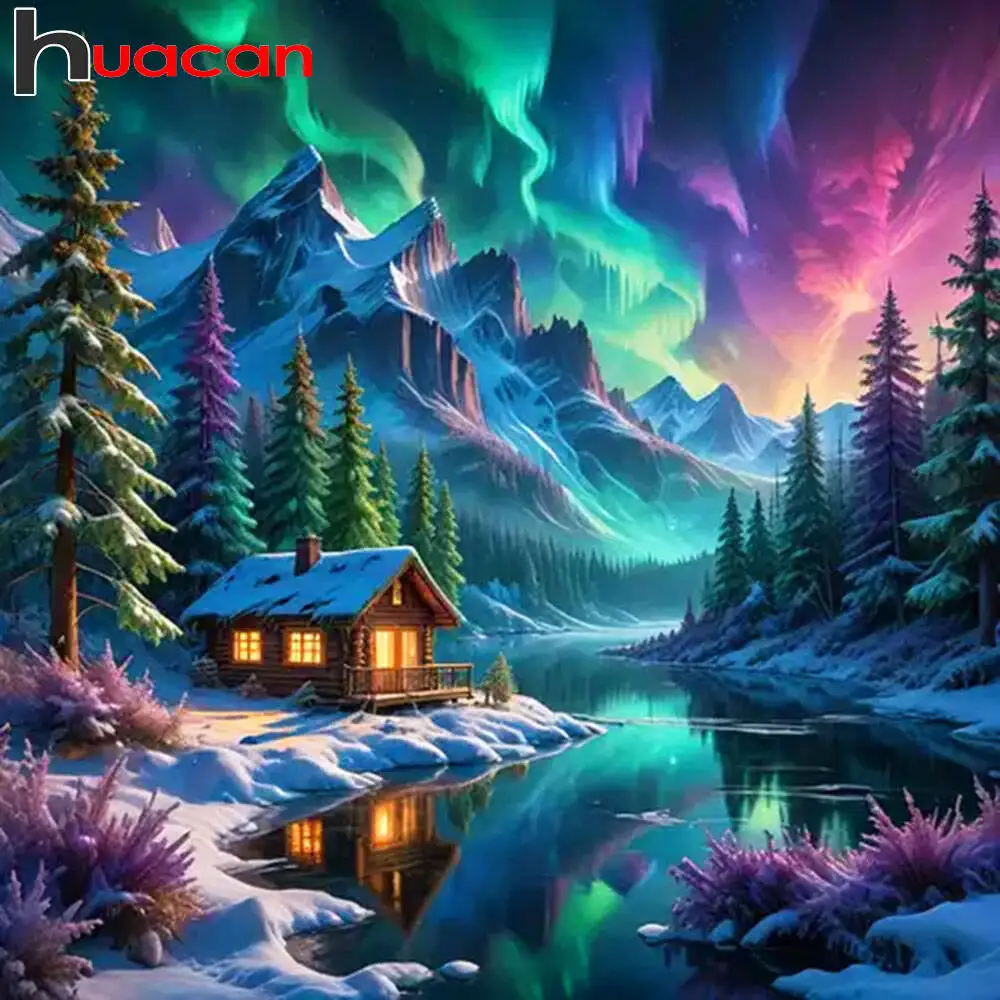 Huacan-pintura de diamante redondo y cuadrado completo, mosaico de diamantes de agua del lago Aurora, arte de paisaje terrestre, decoración de pared