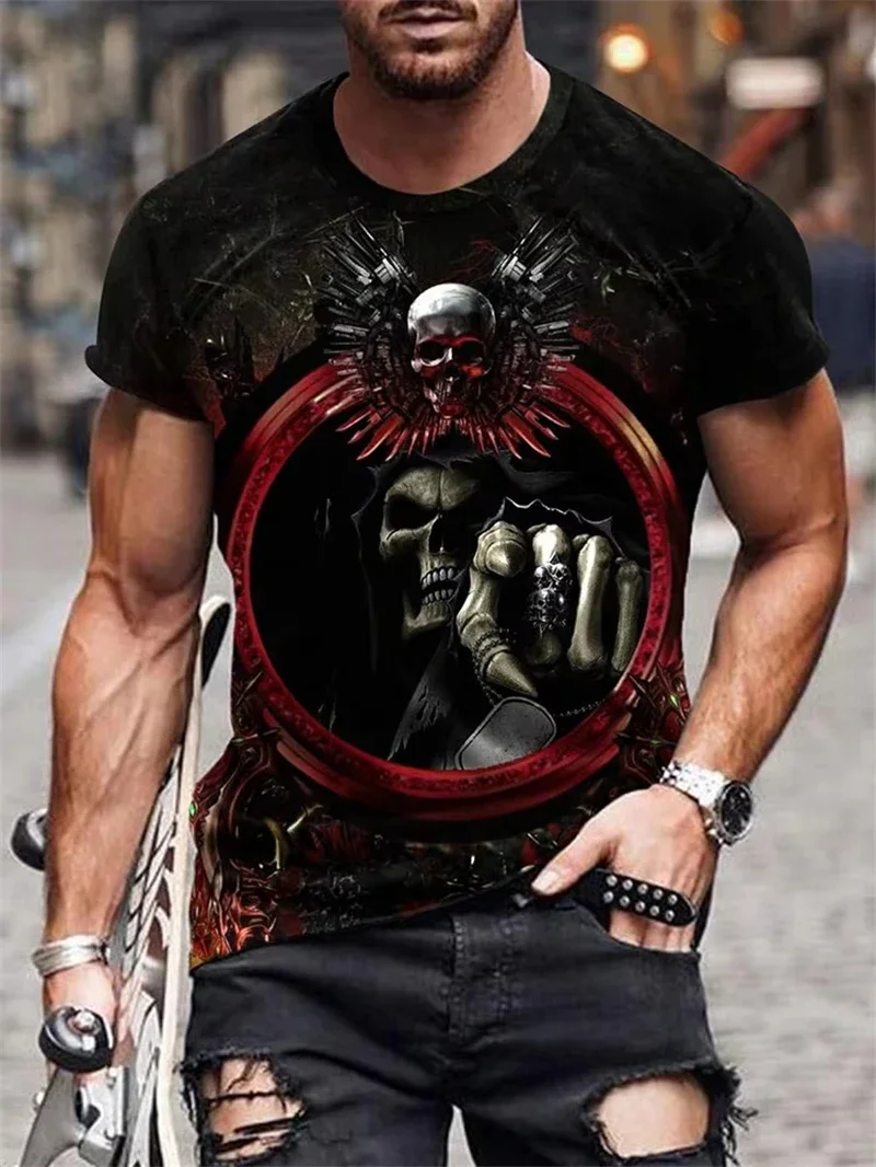 Herren-T-Shirt mit Totenkopf-Aufdruck, lässig, Rundhalsausschnitt, kurze Ärmel, Gothic-Streetwear-Oberteile