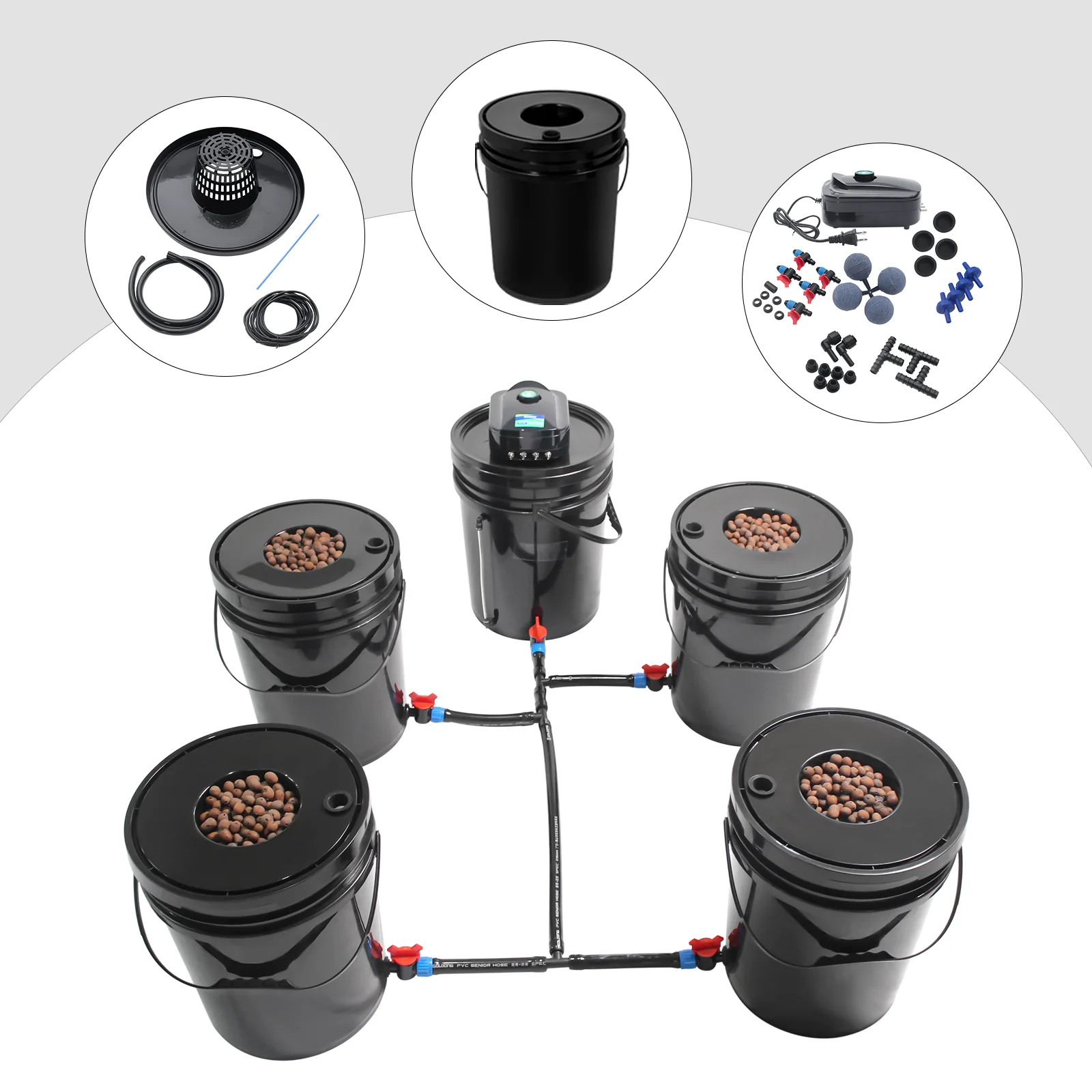 Hydroponic Growing System with 4 Buckets, 5-Gallon Capacity Each, Air Pump & Air Stones for Oxygenated Growth, Soilless