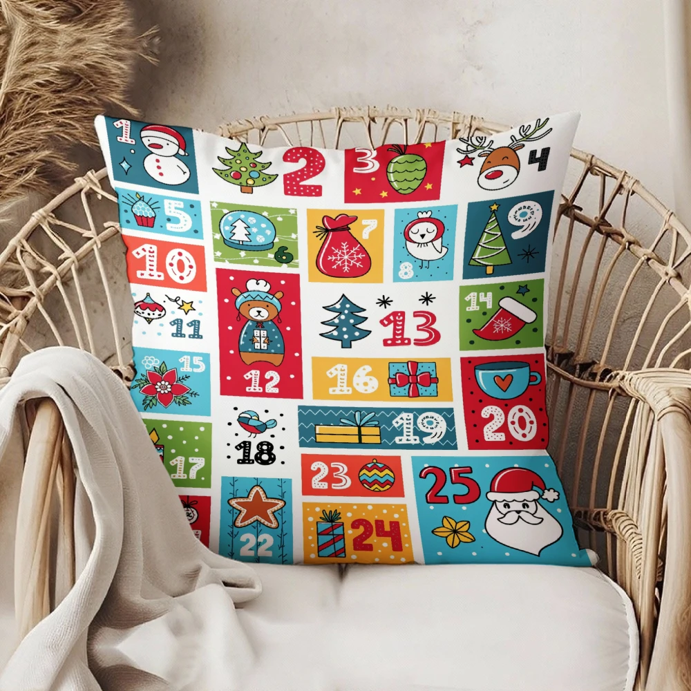 Square Throw Pillow Cover Multicolor Christmas Advent Calendar Print With Numbers Snowman Santa Claus Reindeer For Home Sofa