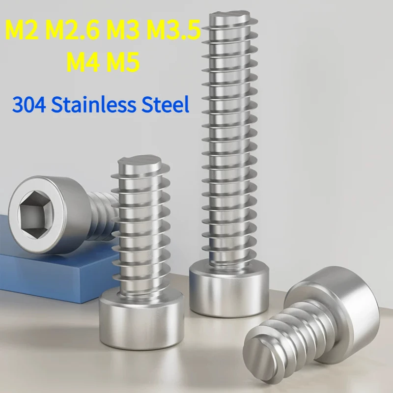 10-100pcs 304 Stainless Steel Hex Socket Head Cap Self Tapping Screw Flat Tail M2 M2.6 M3 M3.5 M4 M5 Allen Head Tapping Screw