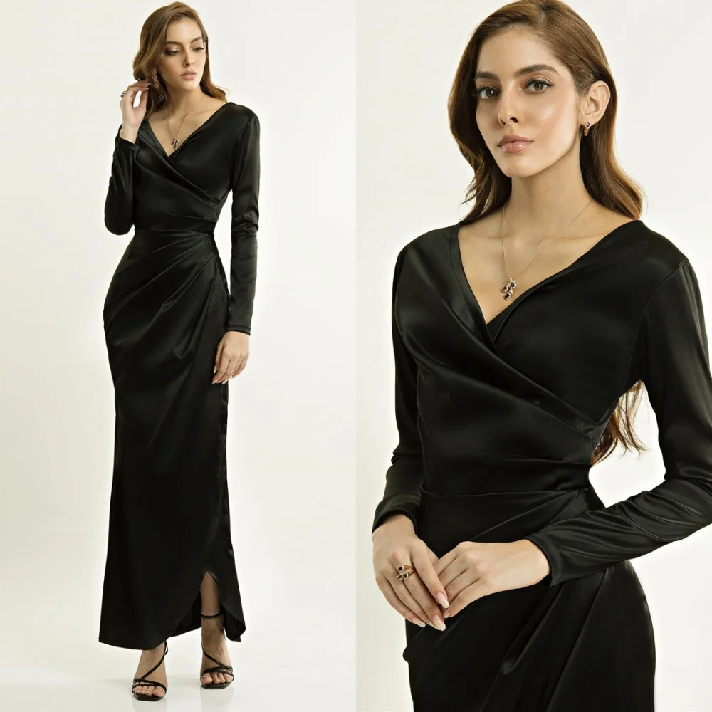 

Customized Modern Black Satin Evening Dress Classic V-Neck Long Sleeves Homecoming Dresses Elegant Special Occasion Gowns