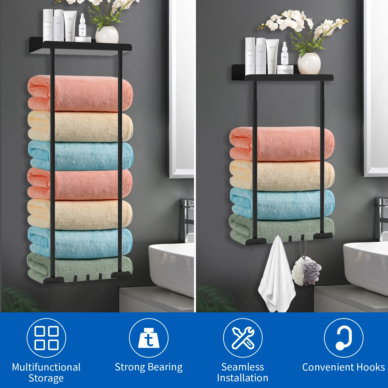 KNOKLOCK Towel Rack Sturdy Iron Tower Holder Wall Mounted Towel Shelf for Bathroom Large Capacity Towel Storage Organizer Space