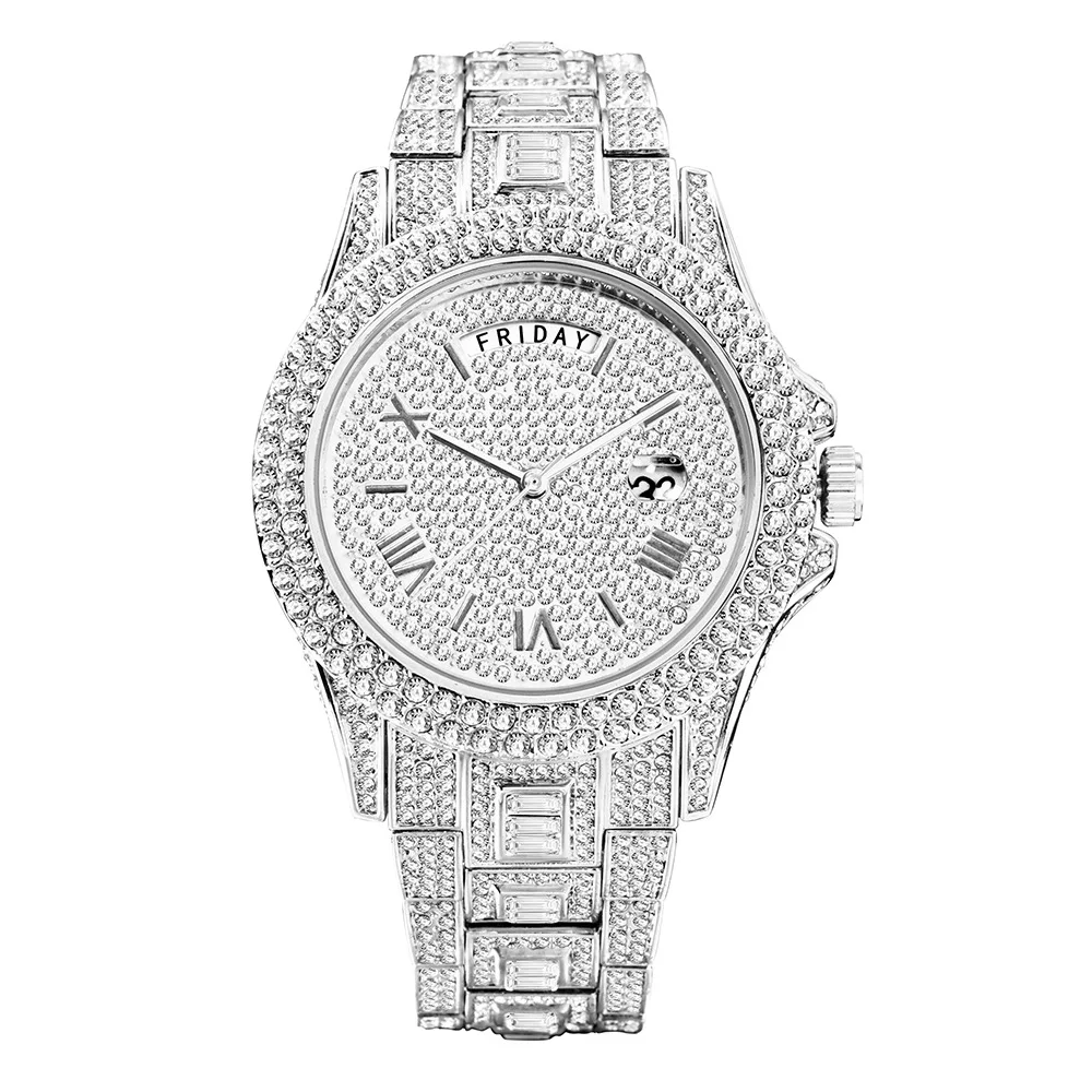 Hip Hop Bling Iced Out Stainless Steel Week Watch Date Quartz Wrist Waterproof Watches  for Men Rapper Jewelry