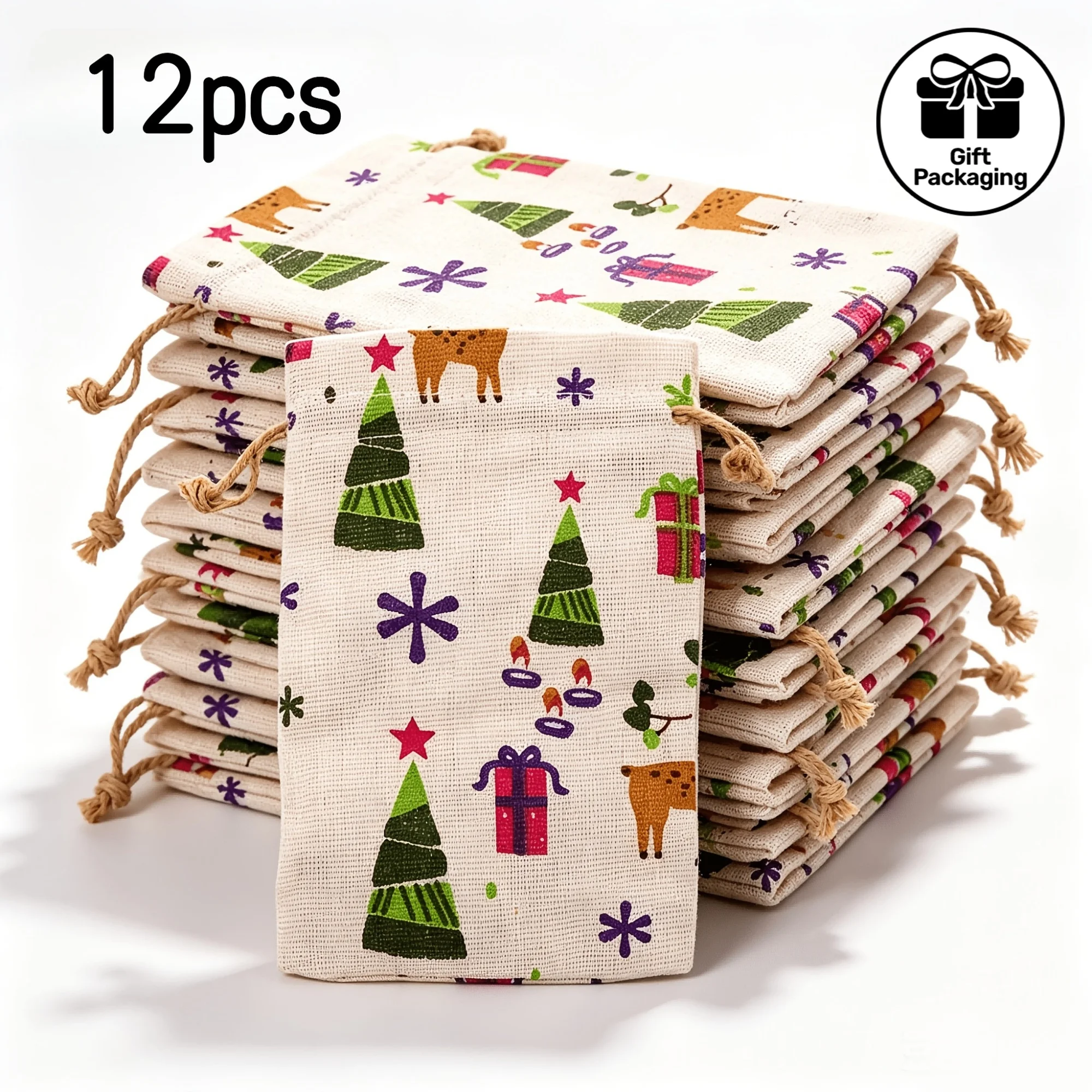 12-Pack of Randomly Printed Vintage Christmas Drawstring Bags, with Reindeer and Christmas Tree Gift Designs, Reusable Small Storage Bags, Multifunctional Christmas Party Gift Bags, Suitable for Candy, Jewelry, Cosmetics, and Holiday Gift Packaging Supplies
