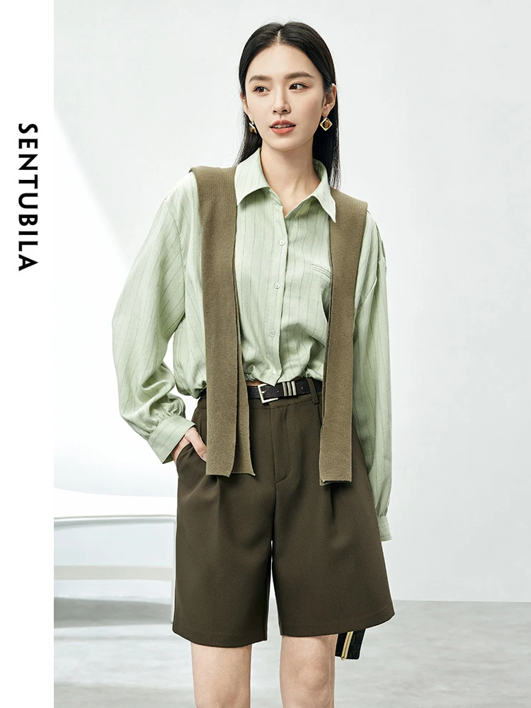 SENTUBILA 2 Piece Wraps Striped Linen Shirts for Women 2024 Autumn Fashion Long Sleeve Top Button Down Shirts Blouses 141C53495