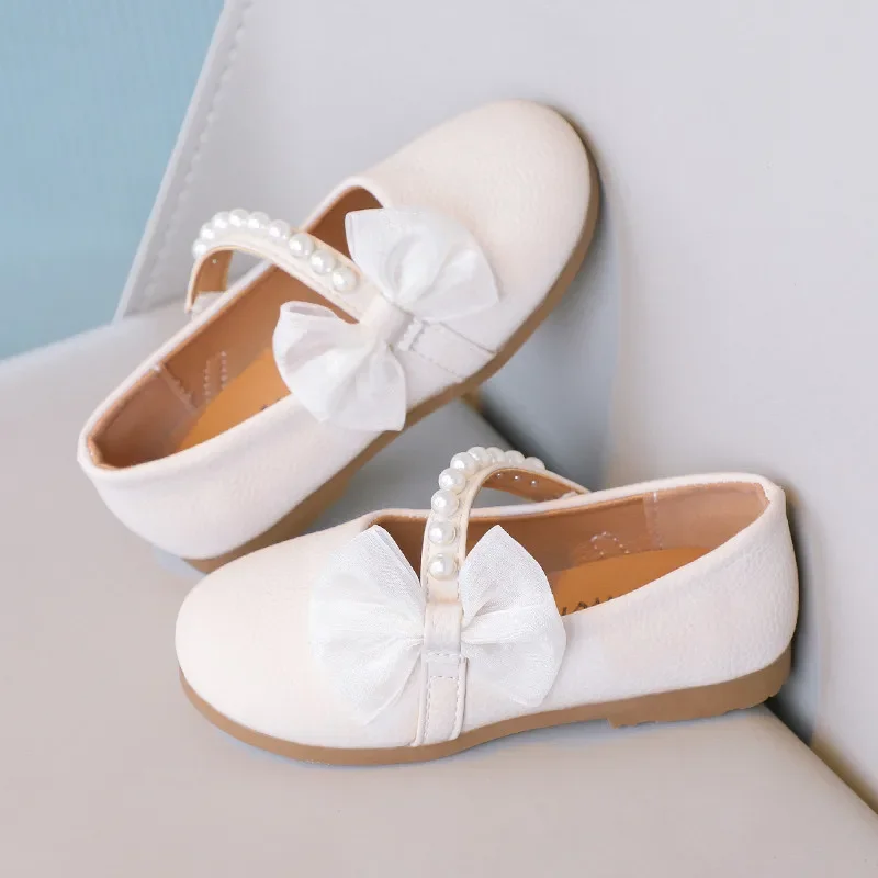 Girls Pearls Leather Shoes for Party Wedding Children Elegant Princess Shoes with Bow-knot Kids Flats Mary Janes Shoes Round-toe