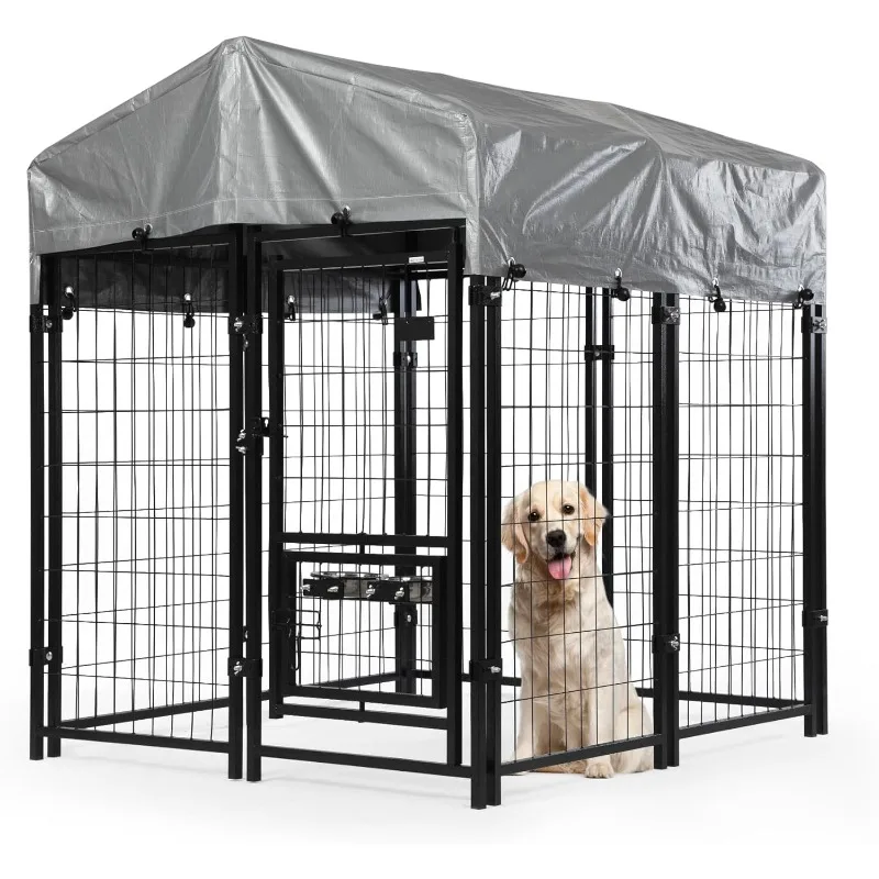 

Outdoor Kennel with Roof, Kennel Outside with 2 Bowls, Large Houses Pen Dogs Run Enclosure with Secure L