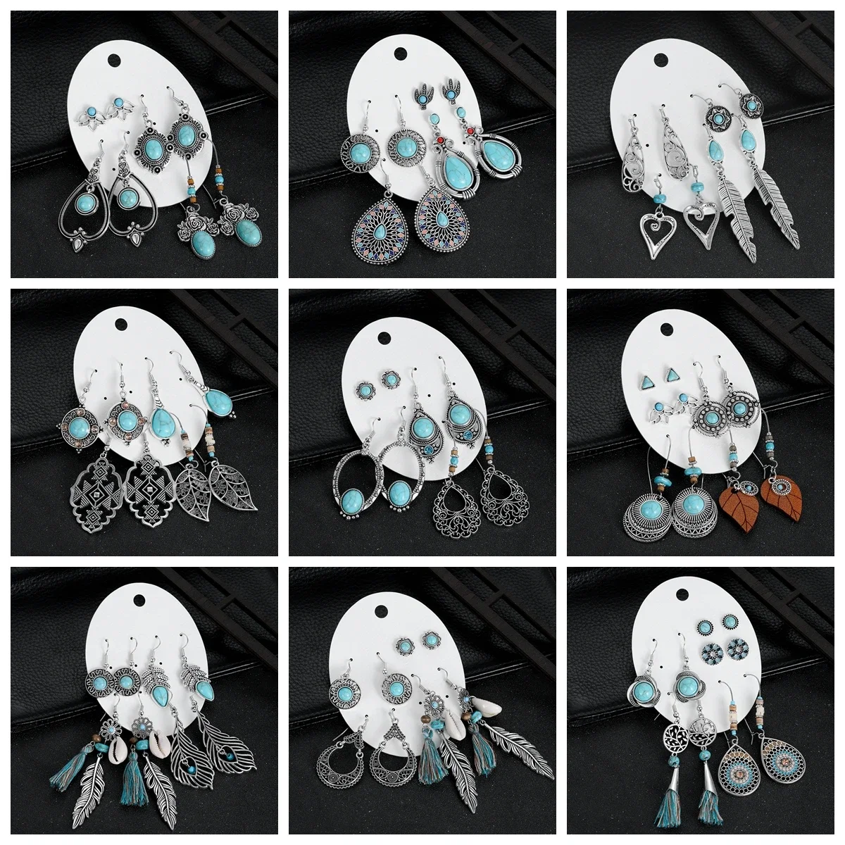 12 نمط بوهو ريترو الأزرق حجر طقم من الحلقان المرأة العرقية هندسية يترك جولة أقراط فضية اللون 2025 مجوهرات جديدة بيجو #2