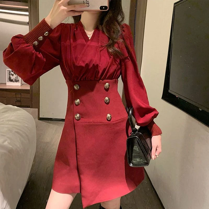 Lnsozkdg Elegant V-Neck Spliced Button Folds Puff Sleeve Mini Dress Women Clothing Spring New Loose Asymmetrical Ladies Dresses