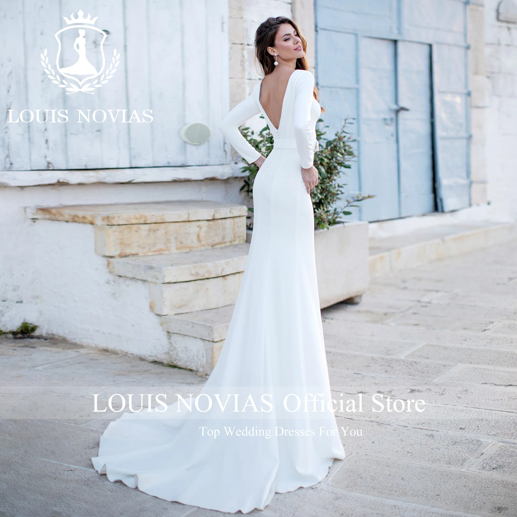 LOUIS NOVIAS Satin Mermaid Wedding Dress For Women Elegant Long Sleeve SCOOP Backless Wedding Gown Vestidos Elegantes Para Mujer