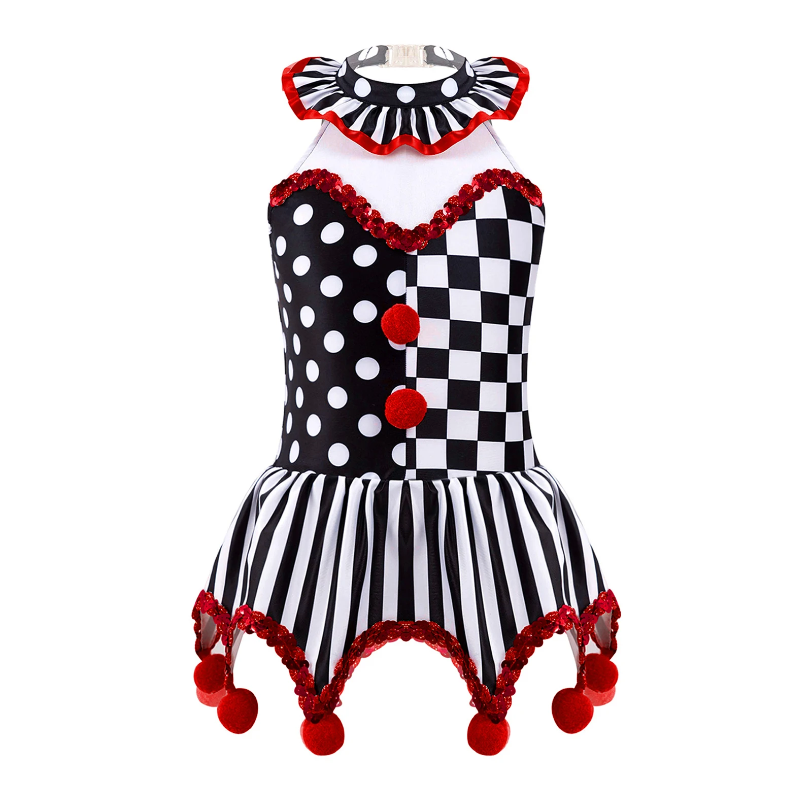 Kids Girls Circus Clown Joker Costume Halloween Cosplay Black White Grid Pompoms Leotard Tutu Dress Carnival Party Performance