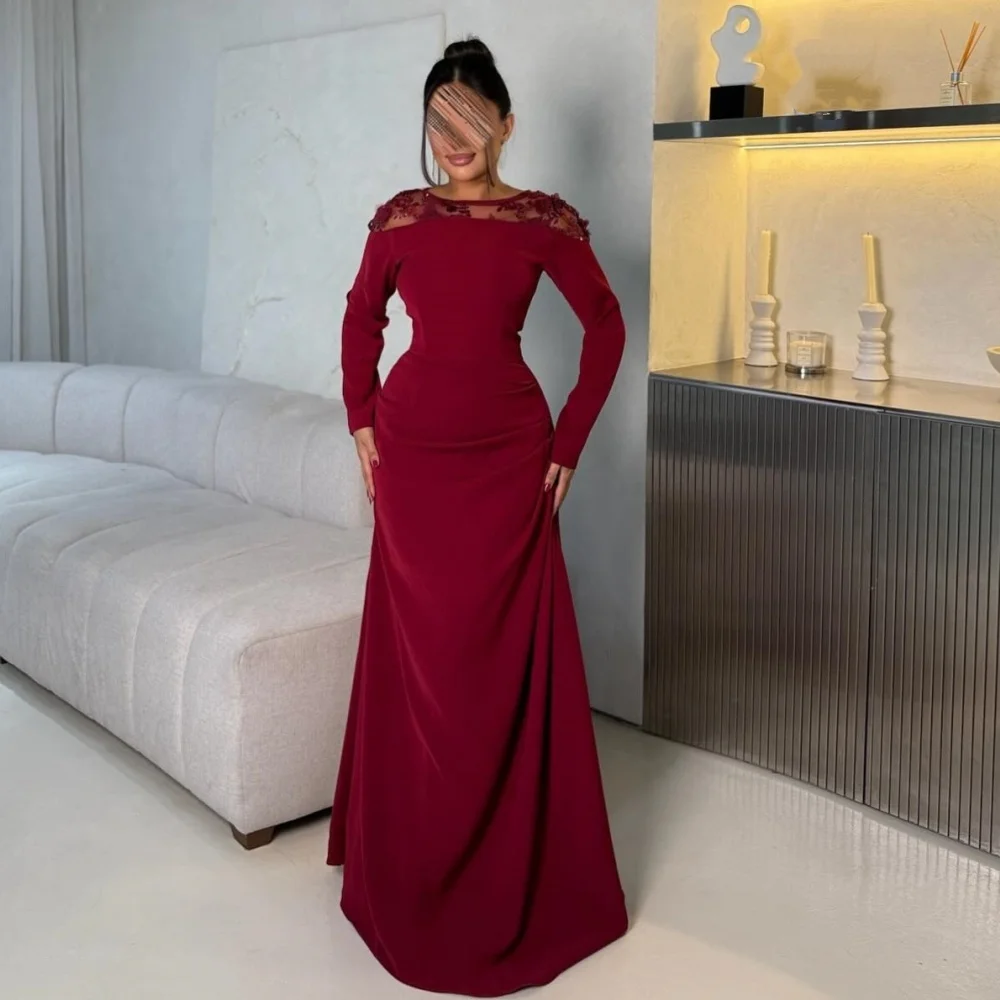 

Customized Modern Style Elegant Jersey Handmade Flower Pleat Mermaid Scoop Neck Long Dresses Bespoke Occasion Dresses Matching