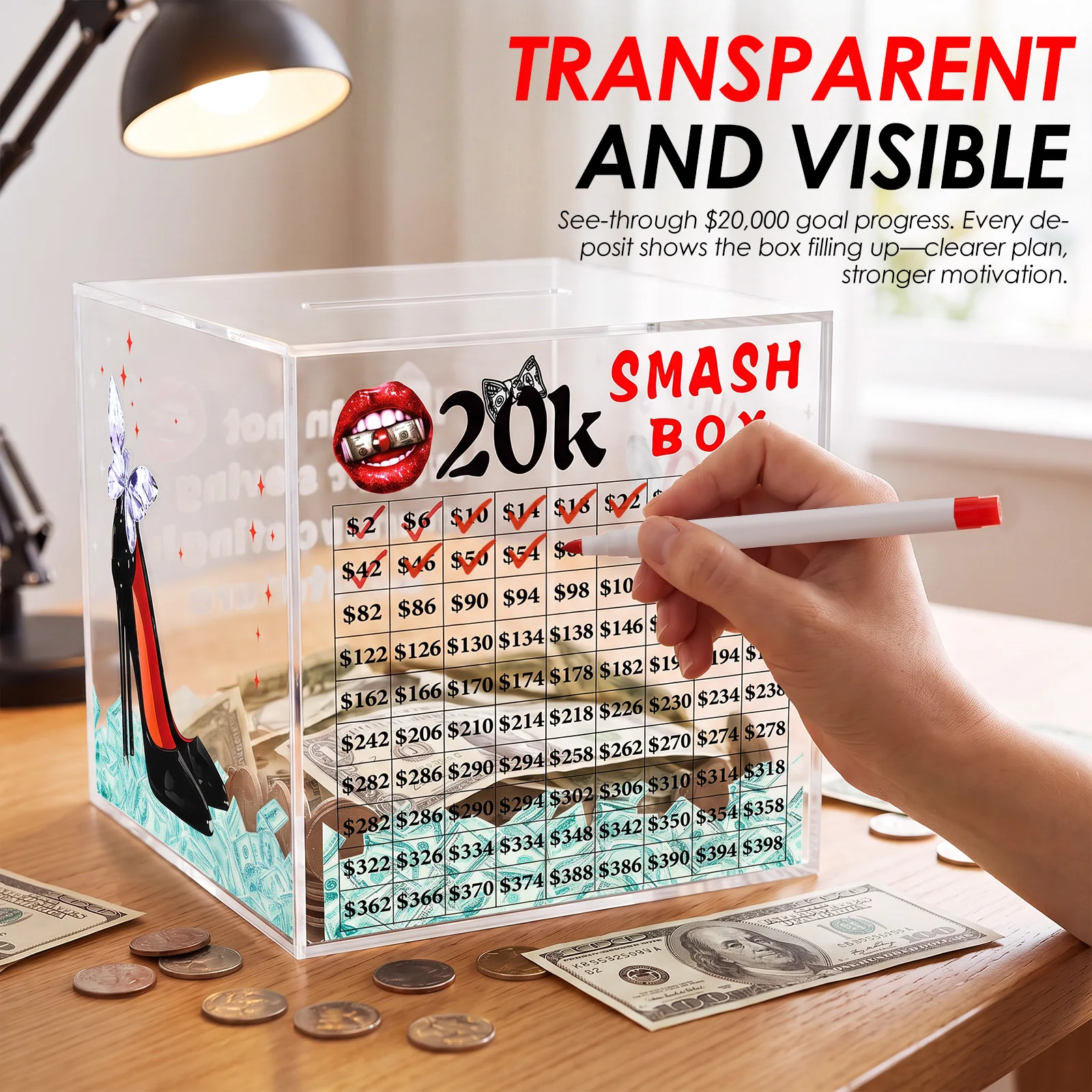 Clear Acrylic Savings Box Large Capacity for 20000 Savings Challenge Money Saving Box Coin Banknote Piggy Bank