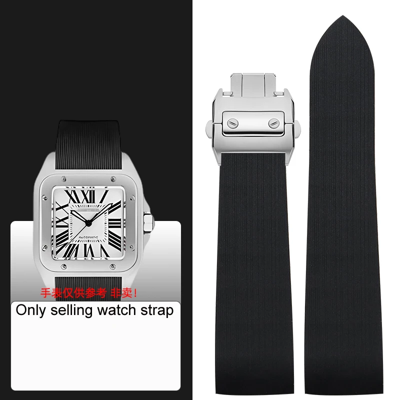 Rubber silicone watch with soft, waterproof and sweat proof for cartier Santos 100 W2020007 men's black 25mm