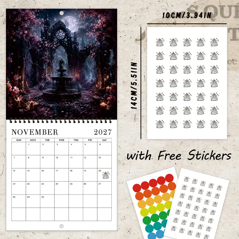 1pc 2027 Midnight Cherry BlossomWall Calendar 12‑Month Planner,Gift For Back‑to‑School,Christmas,New Year,Free Stickers Included