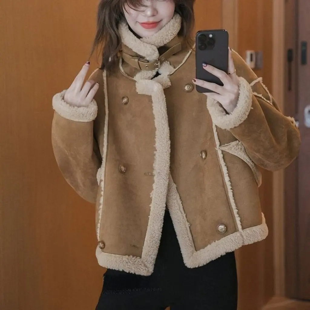 

Petite Lambskin Jacket Integrated Fur Thickened Short Cotton Coat Motorcycle Style New Winter Melard