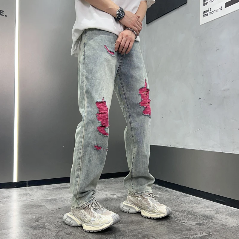 

Y2K fashion holes jeans men's retro distressed trend fashion loose casual all-match Street wide leg mop pants