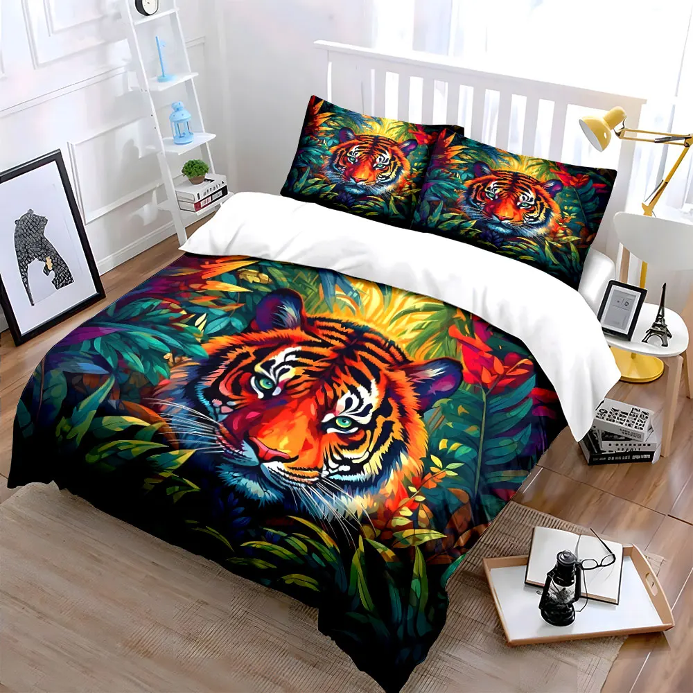 

"Vibrant Jungle Tiger Artistic Set" kid's and adults' bedroom decor, Exquisite three-piece bedding set gift
