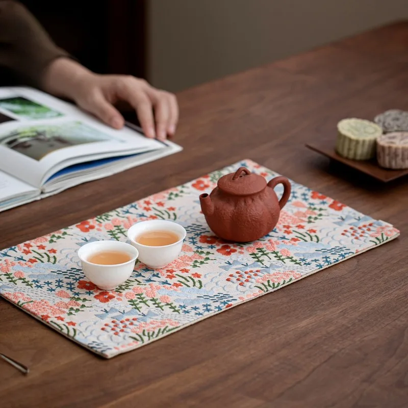 Handmade Embroidered Flower Sea Tea Mat Waterproof Japanese Zen Tea Table Placemat for Home Kitchen Decoration