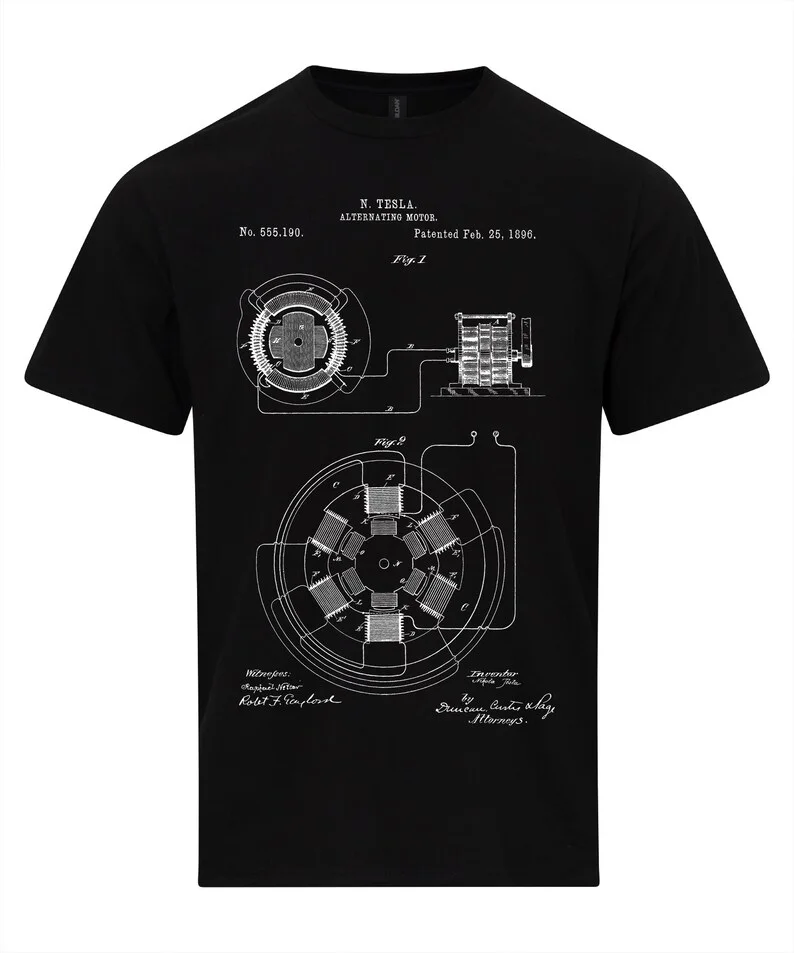 نيكولا تيسلا محرك التيار المتردد براءة اختراع مخطط مولد التيار المتردد تي شيرت شخصية عالية الجودة طباعة الرجال والنساء نفس النمط الشارع القمم