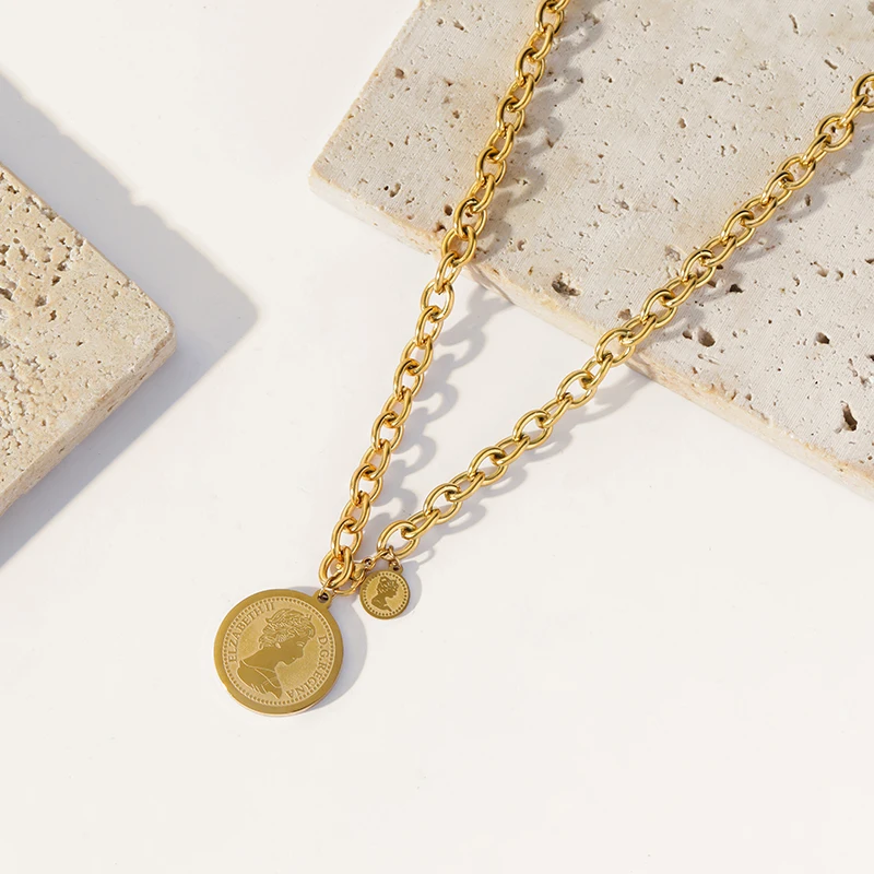 GANEMLY 316L Stainless Steel Coin Portrait Pendant Necklace For Women New 18K Gold Plated Neck Chain Waterproof Jewelry Gift