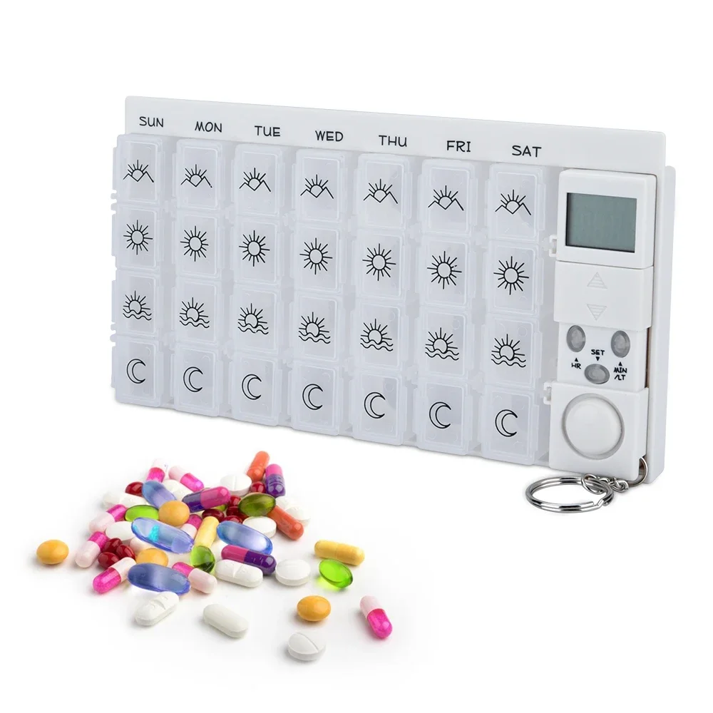 

28 Grids Portable Pill Box Weekly 7 Days Plastic Smart Alarms Medicine Pill Case Box Holder Pill Cases With Reminder Timer