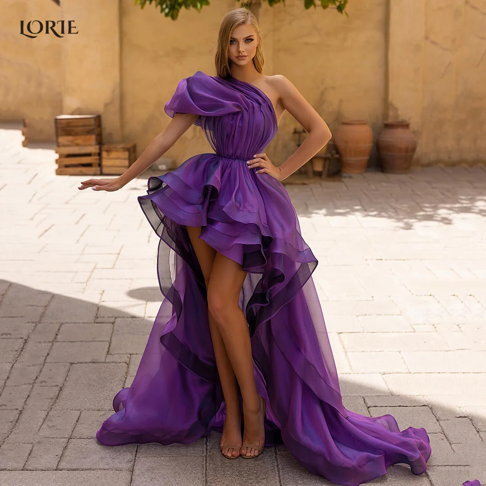 

LORIE Purple High/Low Evening Dresses Ruffles Dubai Ruched Luxury A-Line Celebrity Party Gowns One Shoulder Draped Cocktail Gown