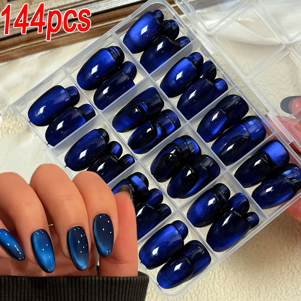 

30/144Pcs Glossy Dark Blue Cat Eye False Nails Sparkly Medium Oval Blue Press On Nails Artificial Full Cover Finger Fake Nails