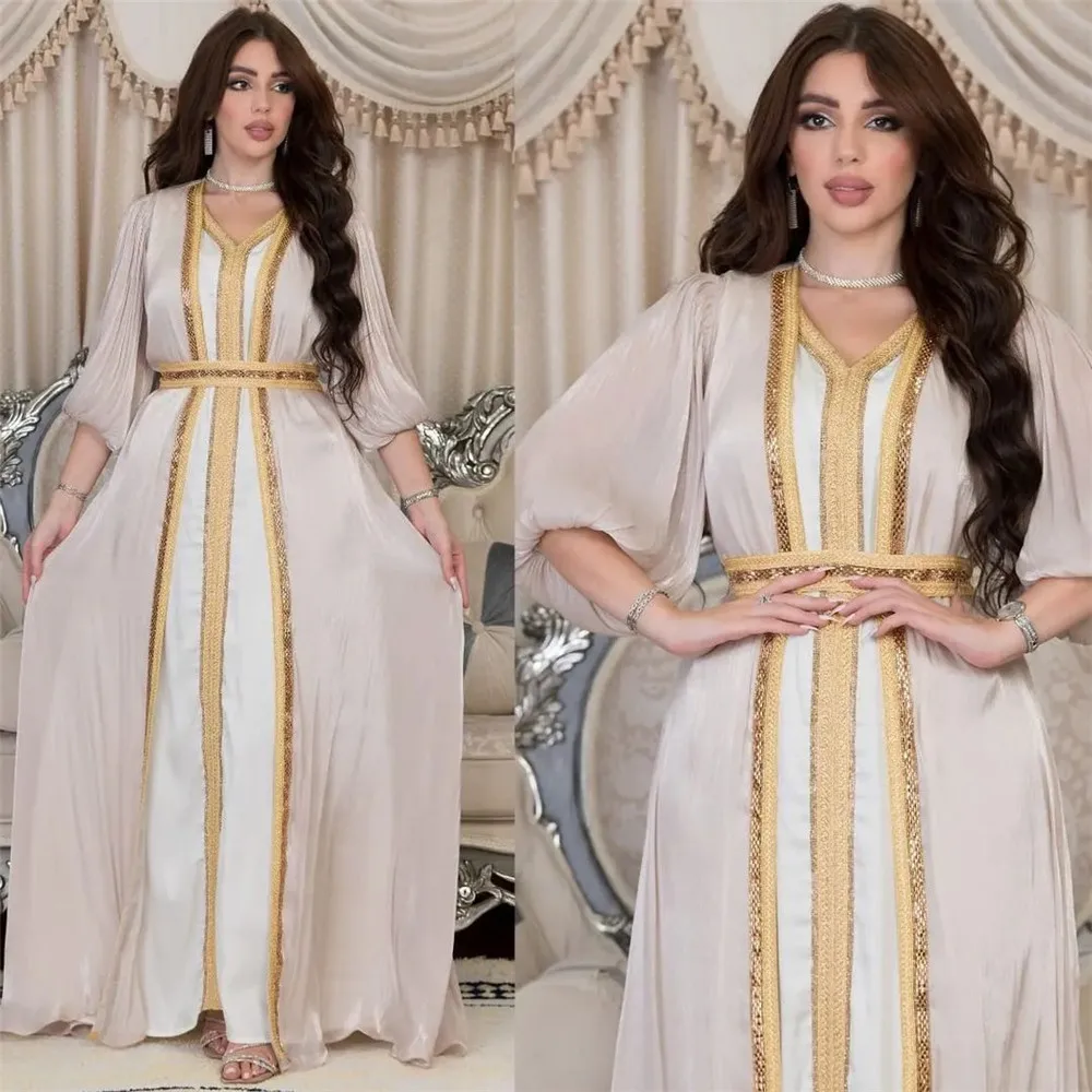 Shiny Satin Abayas Luxury Diamonds Muslim Women 2 Piece Set Kimono Inner Vest Dresses Morocco Party Evening Jalabiya Dubai Gown